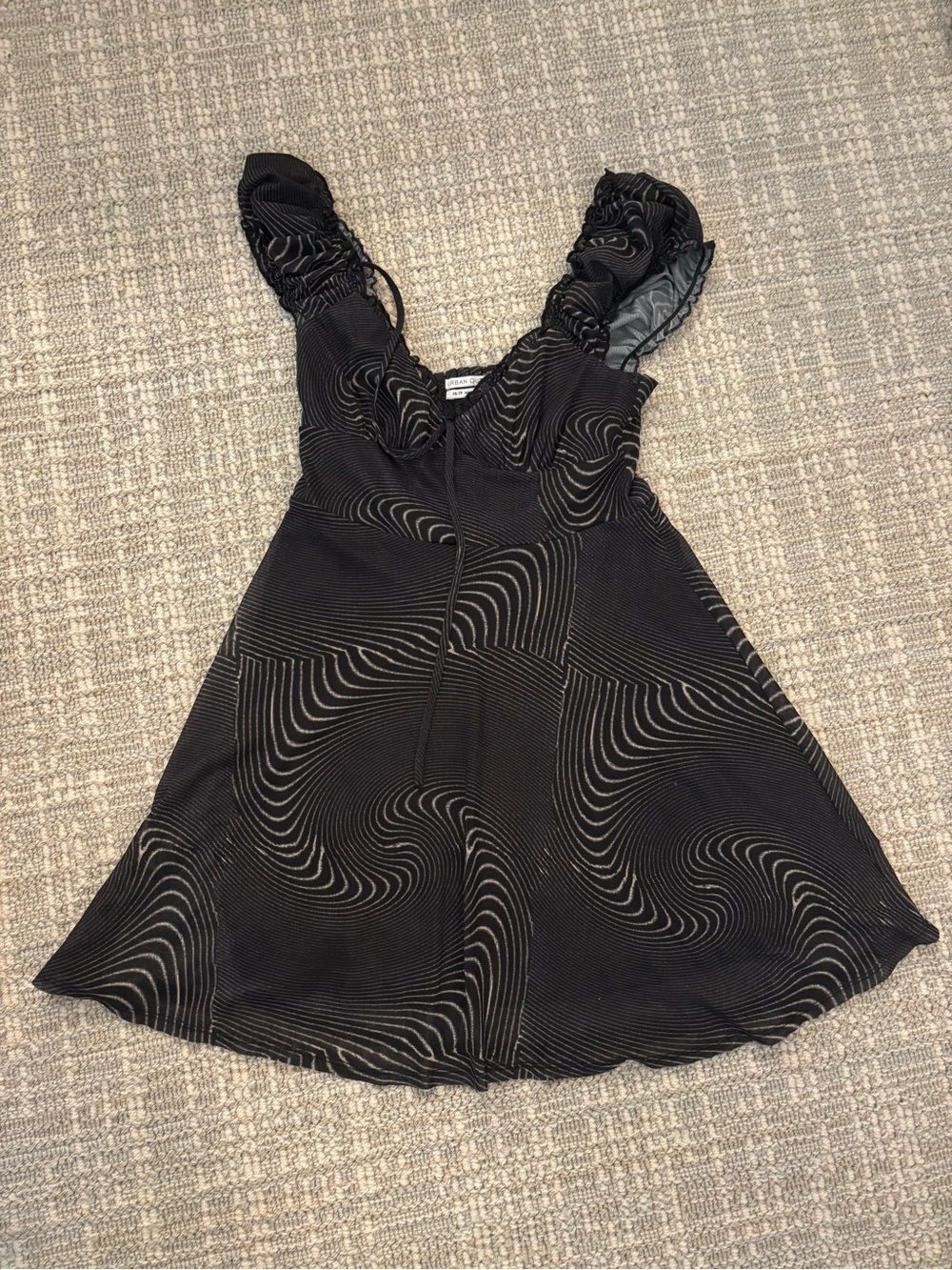 Urban Outfitters Black Mini Dress with Subtle Cream Wave Pattern